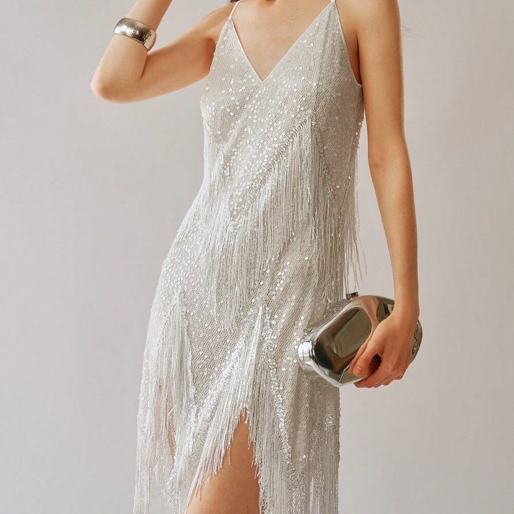 White Party Women's Spaghetti Strap Sequin V-Neck Tassel Slit Hem Dress - Picture 5 of 8